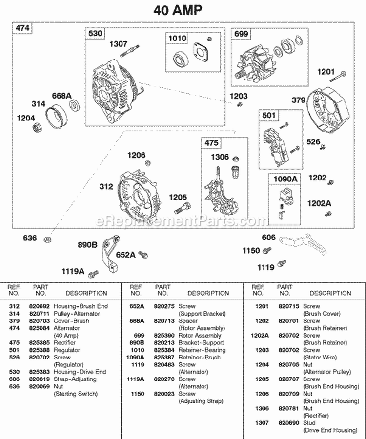 Alternator 40 Amp Diagram and Parts List for 433447-0215-E2  Briggs and Stratton Engine